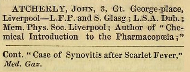John Atcherley - entry in British Medical Directory, 1853