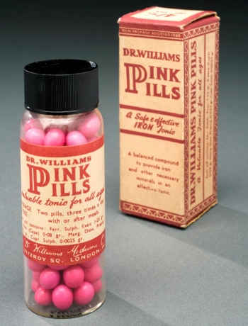 A bottle of Dr Williams Pink Pills, and the box it was supplied in.