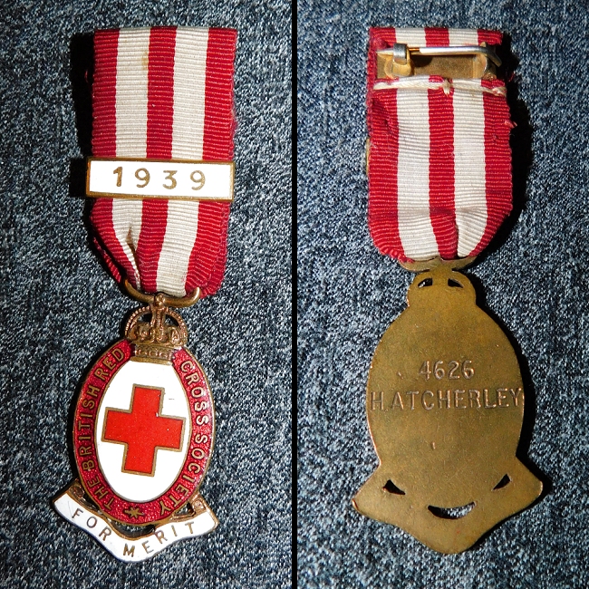 Two images combined, showing the front and back of a British Red Cross Society medal with red-and-white striped ribbon, and a bar saying 1939. On the reverse, 4625 H Atcherley has been inscribed.